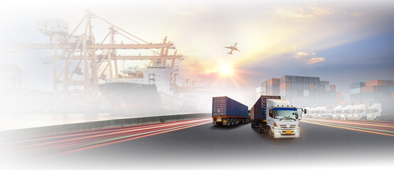 Container truck in ship port for business Logistics and transportation of Container Cargo ship and...