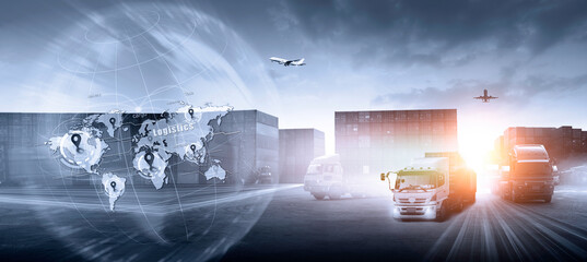 World map with logistic network distribution on background. Logistic and transport concept in front...
