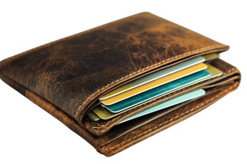 Brown leather wallet with credit cards.
