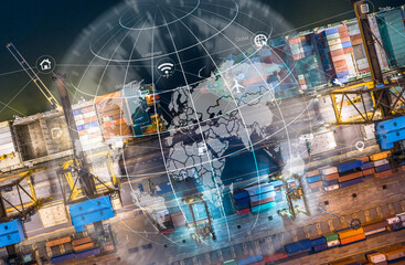 World map with logistic network distribution on background. Logistic and transport concept in front Logistics Industrial Container Cargo freight ship for Concept of fast or instant shipping