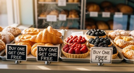 Freshly Baked Goods Displayed with Buy One Get One Free Offer in Bakery