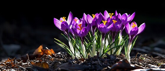 Vibrant purple crocuses bloom against a dark backdrop, illuminated by sunlight.