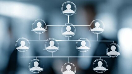 Organizational Hierarchy: An abstract illustration of a business structure, a network of interconnected nodes representing individuals in an organizational chart, symbolizing management, teamwork.