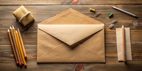 A brown Kraft envelope lies open on a desk with letters and stationery scattered around it