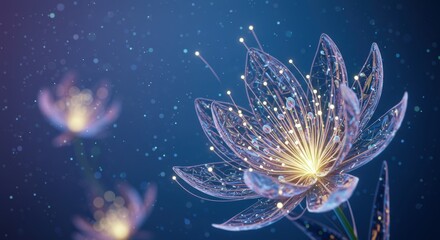 Abstract Glowing Lotus Flowers on Dark Blue Background with Bokeh