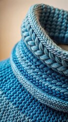 Obraz premium A close-up shot of a knitted blue collar with intricate texture and subtle color gradations against a neutral background