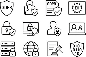 Data Protection Icons Set Outline Style GDPR Compliance Privacy Policy Security System Vector Illustration