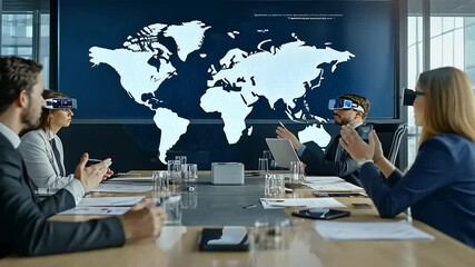 Business professionals using virtual reality headsets in a modern conference room with a world map display - Powered by Adobe