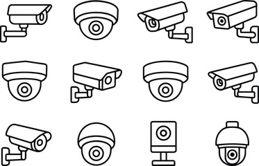 Security Camera Line Icon Set Vector Illustration: CCTV, Surveillance, and Monitoring System Symbols Collection