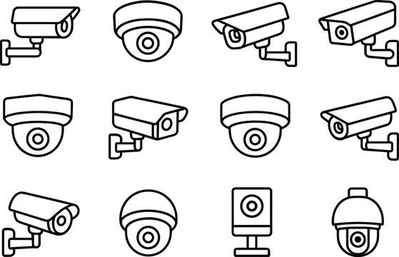 Security Camera Line Icon Set Vector Illustration: CCTV, Surveillance, and Monitoring System Symbols Collection