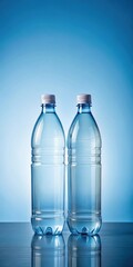 Two empty plastic bottles sit on a plain blue table