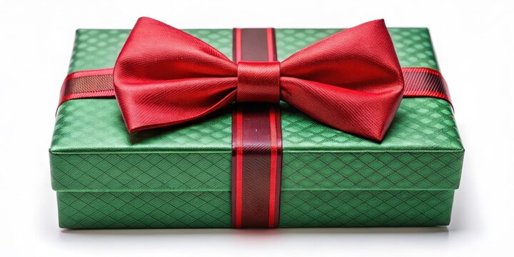 Green Hatch or Scoth Pattern Gift Box with Red Bow Tie
