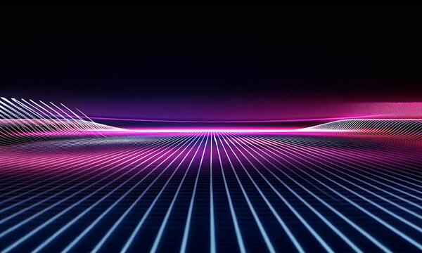 A background with digital grid lines in purple and blue, glowing neon light effects on the edges of each line, creating an abstract design that evokes technology or futuristic vibes. 