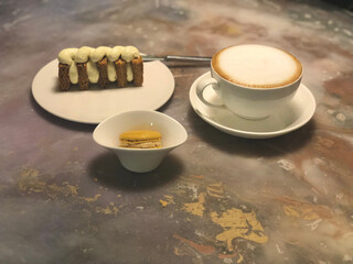 Cafe Table with Cappuccino, Mille-Feuille, and Macaron