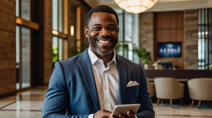 African American businessman uses digital tablet in hotel lobby. Successful entrepreneur or executive. He smiles confidently. Indoor setting. Modern business environment. Tech use. Portrait photo.