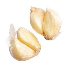 Two halved garlic bulbs, light beige color, close-up