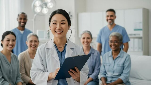 Portrait of a friendly Asian female doctor with a stethoscope and clipboard. A diverse team of healthcare professionals and senior patients smile in a modern clinic.