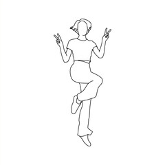Outline Drawing of Woman with Peace Sign Pose, Minimal Line Art of Girl Showing Double Peace Gestures