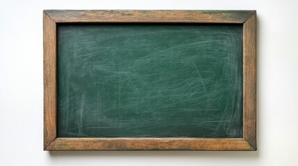 Worn green chalkboard with wooden frame rests on white. Use this for messages, back to school, or menu concepts.