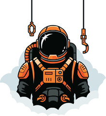 Cartoon illustration of an astronaut in a spacesuit with orange accents, suspended by hooks amidst clouds.