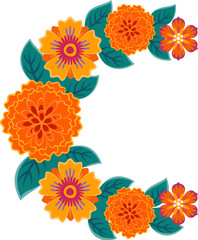 Day of the Dead font marigold flower letter C. Hispanic ritual celebration font isolated vector symbol, Day of the Dead holiday typeset sign. Mexican Dia de Los Muertos festival type letter or element