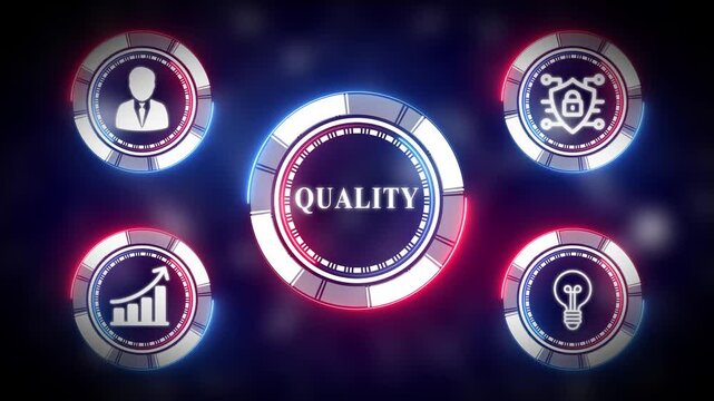 Abstract digital interface animation with quality word display and circular elements