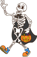 Groovy cartoon Halloween skeleton funny character for holiday, vector symbol. Groovy skeleton with pumpkin lantern bucket of trick or treat candies with funky skull face for Halloween character