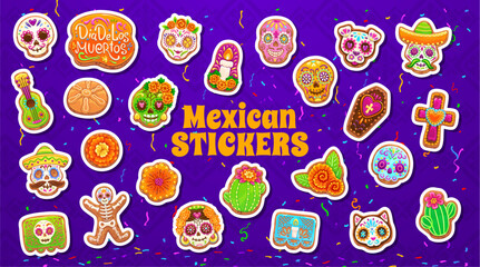 Mexican Day of the Dead holiday biscuit cookies and cake stickers pack, Dia de los Muertos and Mexico Halloween food. Vector cartoon mexican Day of the Dead ofrenda altar bread, sugar skulls, cookies