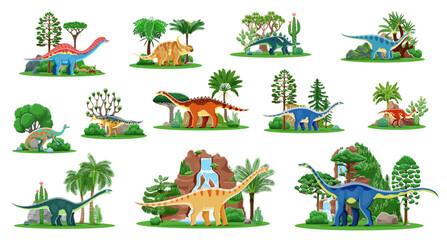 Cartoon jurassic dinosaurs, prehistoric jungle and mountain waterfall nature landscape set. Vector cute dino animal characters, amurosaurus, neovenator and aragosaurus dinosaurs with jurassic trees