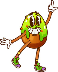 Cartoon groovy Halloween cookie or pastry character. Isolated vector funny sweet candy dessert y2k personage with cute smiling face, green glaze and sprinkles. Patisserie confectionery for kids party