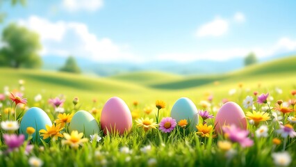 Decorated Easter eggs surrounded by lush grass and springtime flowers, bathed in golden sunlight, great for seasonal artwork, invitations, and playful designs