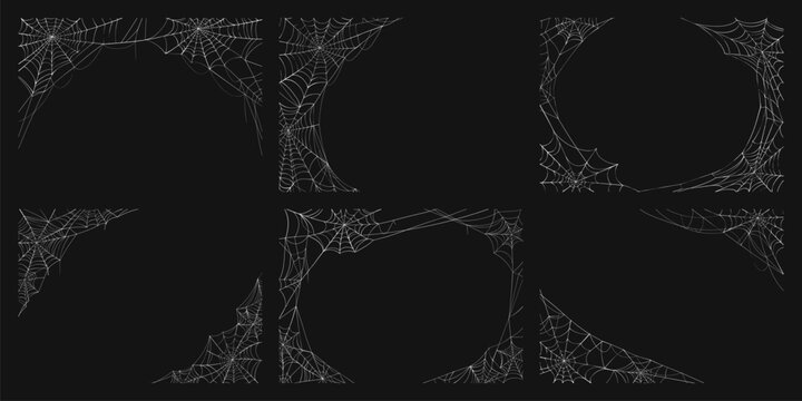 Realistic Halloween spider cobweb frames. Web, spiderweb vector set. Spooky spider net borders. Scary backgrounds or templates for greeting cards, eerie insects trap framing for holiday celebrations