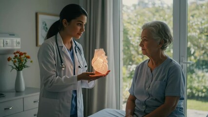 Caring female doctor discusses heart health with an elderly patient, using a glowing anatomical heart model for explanation in a modern hospital room. - Powered by Adobe