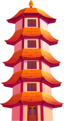 Cartoon Asian building tower or pagoda, Chinese temple or Chinatown house, vector architecture. Asian ancient building tower of pagoda shrine with oriental roof, Korean or Japanese architecture