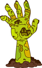 Cartoon groovy Halloween zombie hand holiday horror night, vector symbol. Groovy zombie hand reaching out from tomb or grave of cemetery with rotten skin and bones for Halloween spooky boo monsters