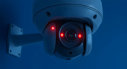 Close-Up View of a Modern Surveillance Camera with Red Indicator Lights Mounted on a Wall in a Blue Environment