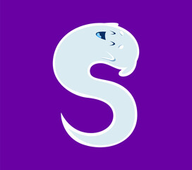 Halloween font S letter ghost cartoon happy character. Scary spirit personage latin alphabet symbol, horror ghost mascot or spooky phantom character English ABC vector letter. Font typeset element