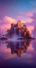 Serene island, waterfall, vibrant sunset reflection