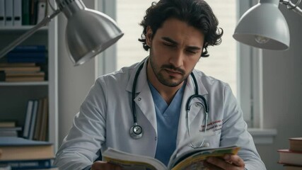 Young male doctor with a stethoscope studying a medical book at his desk. Focused physician or medical student reading in an office or library. - Powered by Adobe