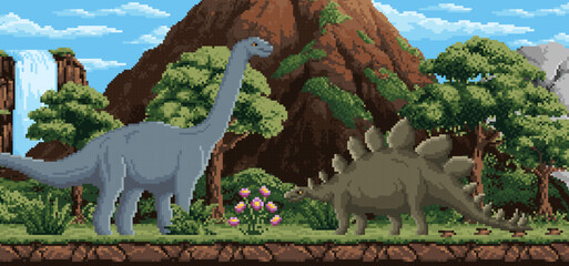 8bit pixel art dinosaurs game background with Jurassic era landscape, cartoon vector. Prehistoric dinosaurs, lizards and reptiles in jungle forest in 8 bit pixel landscape for dino park game © Vector Tradition
