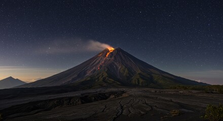 Fototapeta premium Active volcano erupting lava flows under a starry night sky