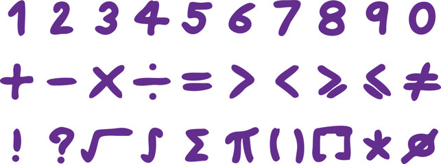 Math Symbol Doodle Set – Purple, Hand Drawn, Numbers, Operators, Calculation, Sketch, Signs, Math Icon, Education, Equation

