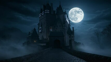 Mysterious castle under a full moon at night