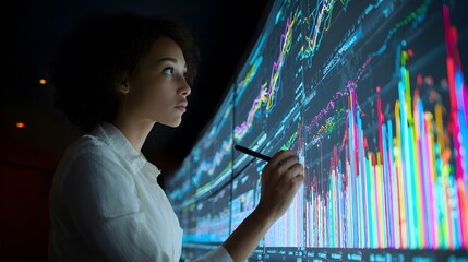 A businesswoman studying statistical data on a large digital screen
