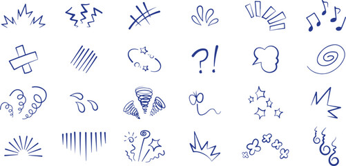 Blue Pen Sketch Icons – Scribble, Marker, Hand Drawn, Symbol, Arrows, Doodle, Swirl, Highlights, Emphasis, Comic Elements

