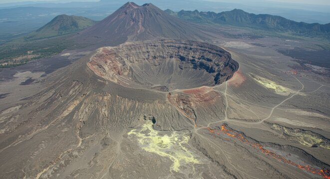 Aerial view of an active volcano crater with glowing lava flows and sulfur deposits - Powered by Adobe