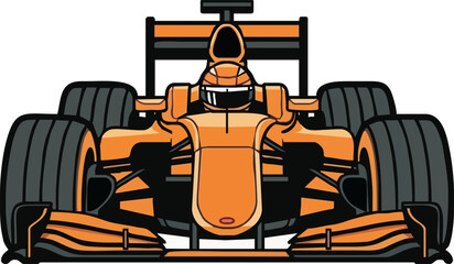 Fototapeta premium Orange Formula One race car, driver in helmet, front view, cartoon style.