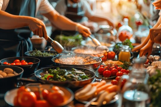 A busy kitchen scene during a cooking contest, with chefs preparing dishes at several stations, surrounded by fresh ingredients and vibrant activity, full of culinary energy