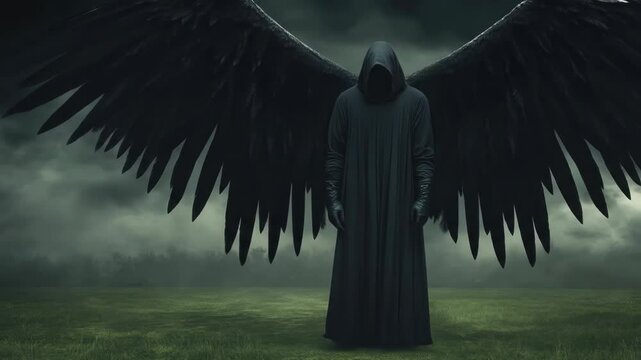 Hooded dark angel with large black wings standing outside.  
