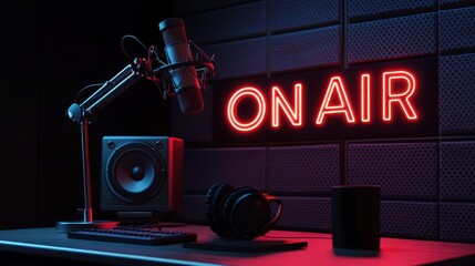 Podcast studio with microphone, headphones, speaker and red on-air sign in dark room